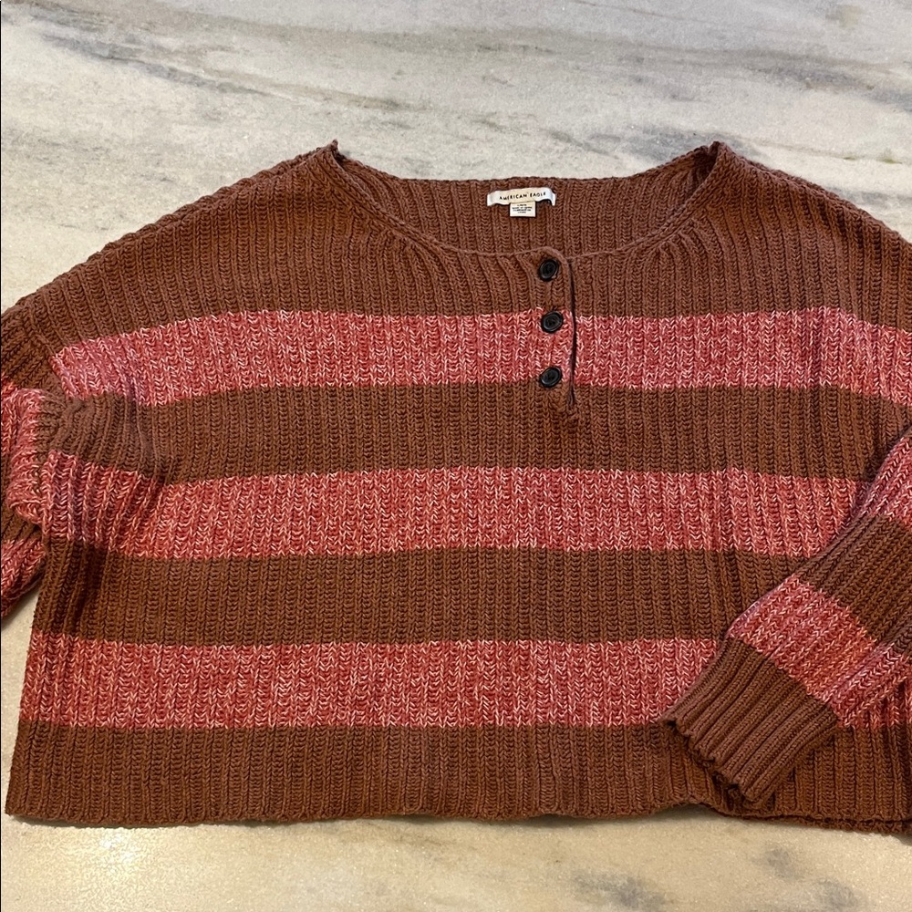 American Eagle Outfitters Cropped Brown and Pink Striped Sweater
